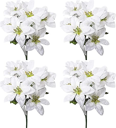 HLTER Set mit 4 künstlichen Weihnachtssternen, 7 Köpfe, künstliche Weihnachtssternsträucher, Seide, Weihnachten, weißer Weihnachtsstern, Blumenstrauß für Urlaub, Heimdekoration