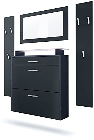 Vladon Garderobe Malea, Garderobenset bestehend aus 1 Hängeschuhschrank, 1 Wandspiegel und 2 Garderobenpaneele, Anthrazit matt/Schwarz matt, inkl. LED-Beleuchtung weiß