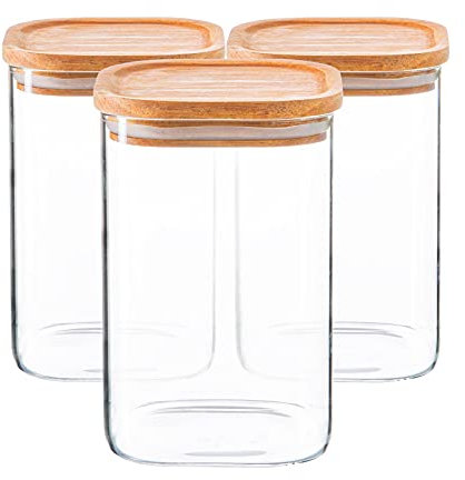 Argon Tableware Square Glass Storage Jars with Airtight Wooden Lids - 1100ml - 3 Pack - Modern Kitchen Container Preserving Jars for Pickling, Chutney, Jam, Coffee, Olives, Sugar, Spices