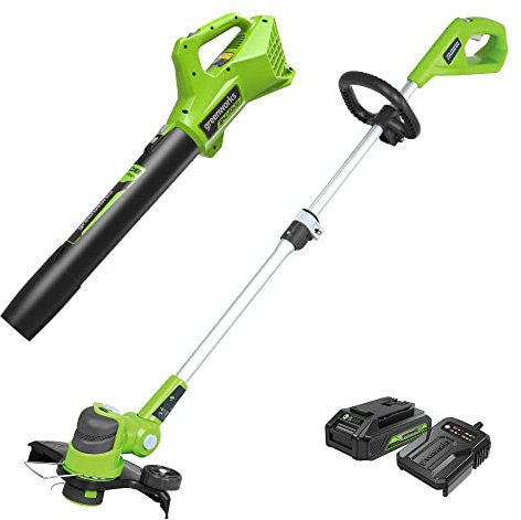 Greenworks Kit Combinado de desbrozadora y soplador inalámbrico de 24 V y 12 Pulgadas, batería USB de 2 Ah y Cargador incluidos