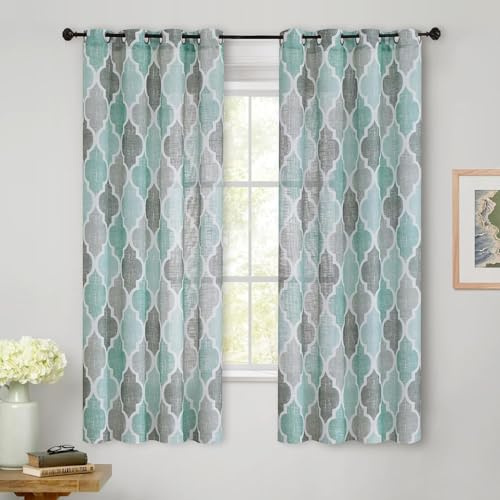 Beauoop Mintgrün Voile Vorhänge Leinenoptik Rautenmuster Gardinen mit Ösen Geomertrisch Marokkanisch Halbtransparent Ösenvorhang Dekoschal für Schlafzimmer Wohnzimmer 2er Set, 127 x 175cm (HxB)