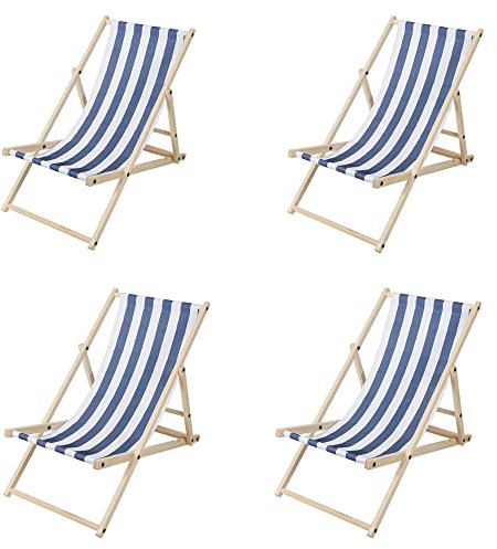 Randaco Sedia a sdraio pieghevole in legno, set da 4 pezzi, sedia da giardino, schienale regolabile in 3 posizioni, sedia a sdraio da spiaggia, sedia a sdraio pieghevole a righe blu e bianche