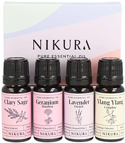 Nikura Floral Essential Oil Gift Set - 4 x 10ml | Perfect for Gifts, Aromatherapy, Diffusers for Home | 100% Pure and Natural Oils | Including Clary Sage, Geranium, Lavender & Ylang Ylang