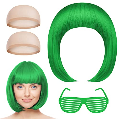 Aomig Kurze Bob Perücke, 2/3/4Pcs Bunte Neon-Bob-Perücke, Pony-Perückeen | Perücken Haarteile Cosplay für Nachtclub/Tanzen/Karneval/Fasching Motto Party Halloween Dekorationen