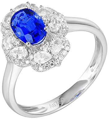 Epinki Damen Echte Goldschmuck Freundschaftsringe 18 Karat 750 Weißgold Frauen, Saphir Pärchen Ringe Blau 1.12ct Blumen Diamantring Weißgold 750 mit Diamant, Gr.60 (19.1)