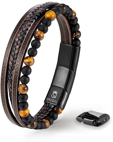 UNIQAL | Echtleder Armband Herren mit Natursteinen FANCY Mens nature stone Bracelet | Edelstahl, Männer | Etui Box Gratis