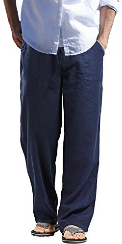 perdontoo Enfärgade linnebyxor för män, avslappnad passform, vardagliga yogabyxor, raka ben, byxor, Marinblått Xsp, 3XL