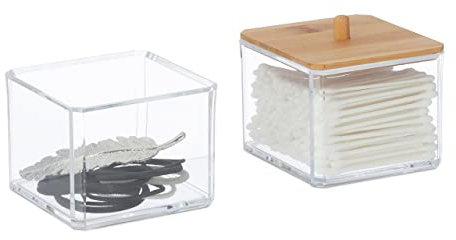 Relaxdays Wattestäbchen Behälter, Kunststoff, Bambusdeckel, Wattepadhalter stapelbar, Badorganizer, transparent/Natur