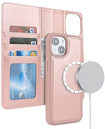 ELTEKER Hülle für iPhone 13/14, Klapphülle, Roségold | 2-in-1 Abnehmbare Magnetische, Kabelloses Laden Kompatibel, Kartenfach, PU-Leder, Stoßfest