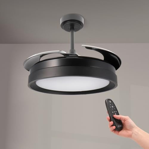 M mimotec - Ventilador de Techo Led Black Yeray II 56W con luz, mando a distancia, Bajo consumo, motor DC 20W+Luz Led 36W, 6 velocidades, función verano-invierno, Silencioso,4 Aspas retráctiles
