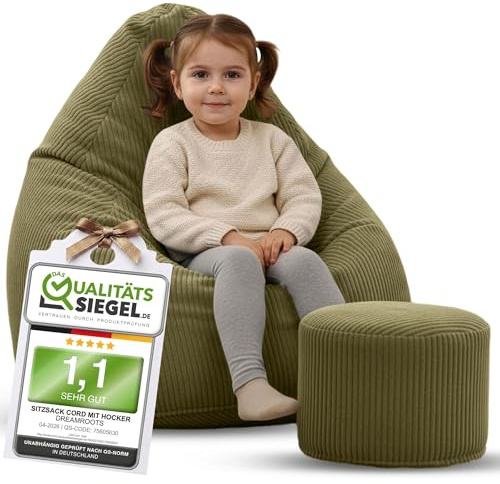 DreamRoots Sitzsack Kinder Cord 70x70x105 mit Hocker, Dark Olive | Bean Bag Chair mit Hocker, Lehne & Bezug, mit Füllung, Sitzkissen Boden, Kindersitzsack Kinderzimmer