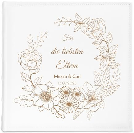 Maverton personalisiertes Einsteckalbum für 500 Fotos - Familienalbum 10x15 cm - weißes Erinnerungsalbum mit Einstecktaschen für Paar zum Hochzeitsjubiläum - 33x33cm