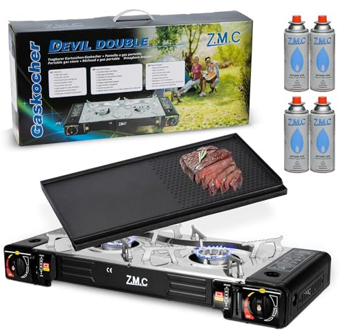 ZMC Réchaud à gaz de camping à 2 feux avec adaptateur pour raccordement GPL + plaque de cuisson 45 x 24 cm + 4 cartouches de gaz de 227 g + mallette de rangement, réchaud de camping avec allumage