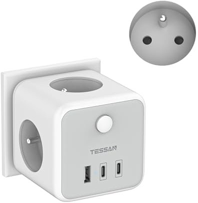 TESSAN Multiprise Murale Française 3 Sortie AC et 3 Ports USB, 6 en 1 Prise Multiple avec Interrupteur, Adaptateur Secteur 2500W, Prise Électrique Conivent pour Cuisine, Bureau, Maison, Gris