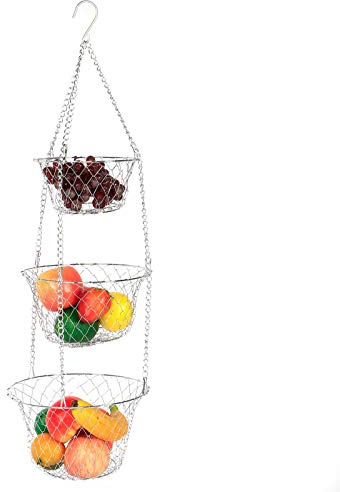 3 Tier Hanging Fruit Basket, Iron Wire Vegetable Kitchen Storage Basket, Heavy Duty Wire Hanging Baskets for Kitchen Storage Supplies
