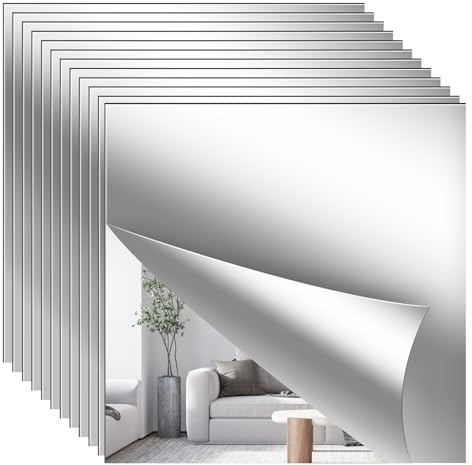 Shiftshade 12PCS Acrylic Mirror Tiles,12x12 Inch Flexible Mirror Sheet,Self Adhesive Self Cuttable Mirror Wall Stickers Non Glass Square Mirrors for Home Wall DIY Decor