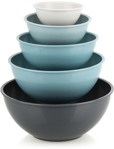 com-four® Set di ciotole da 5 pezzi - ciotole in plastica robusta, senza BPA - pentole in 5 dimensioni - ciotola per frutta, insalatiera, ciotola da portata lavabile (beige/blu/grigio)