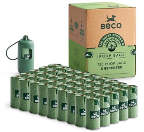 Beco Hundbajspåsar rullar – starka och stora – 720 påsar (48 rullar med 15) och 1 x dispenser, doftfri, dispenser kompatibel för hundavfall