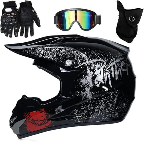 Motocross Helmet, Adult Youth Kid Full-Face Off Road Motorcycle Crash Helmet, Dirt Bike MTB BMX Downhill Mountain Bike Motorbike Helmet with Goggles Gloves Face Shield(Color:Black,Size:M(54~55cm))