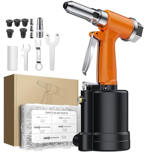 AUTOUTLET Kit Pistola Pneumatica per Rivetti con 5 Pezzi Mandrini 2,4 mm-6,4 mm e 500 Pezzi Rivetti,Rivettatrice Professionale ad Aria Compressa per Lamiere di Alluminio, Ferro, Acciaio Inox