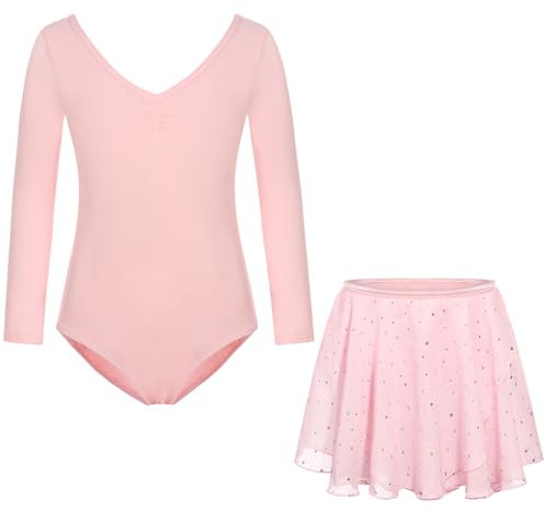 FONLAM Ballettkleid Balletttrikot für Mädchen Tanzkleid Turnanzug Langarm Ballettanzug Glitzer Ballettrock Kinder (12-13 Jahre, Rosa)