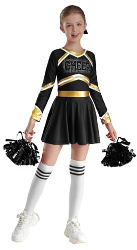 Vxuxlje Mädchen Cheerleadering Uniform Cheer Leader Langarmkleid mit Pompons Tanzkostüm Kinder Tanzkleid Halloween Faschingskostüm Weiß schwarz 146-152