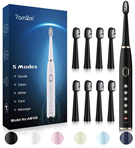 7AM2M Sonic Electric Toothbrush for Adults and Kids- High Power Rechargeable Toothbrushes with 8 Brush Heads,5 Adjustable Modes, Built-in 2-Minute Smart Timer,4 Hours Fast Charge for 75 Days(Black)