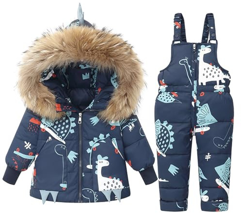 BRONG Niños Traje de Esquiar Invierno 2 Piezas Atuendo Colocar, Niña Encapuchado Abajo Chaqueta y Nieve Babero Pantalones Dinosaurio Dibujos Animados Traje de Esquí Colocar Azul 2-3 Años