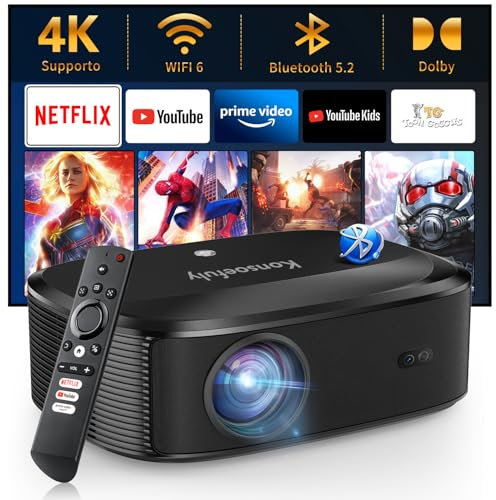 Proiettore 4K con Wifi e Bluetooth - Konsoefuly proiettore con NETFLIX/Prime Video/YouTube integrati, supporto per oltre 100.000 app, videoproiettore con compatibilità HDMI/USB/iOS/Android/Windows