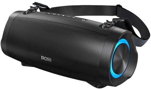 DOSS Extreme Boom Pro D100 Bluetooth-Lautsprecher mit 70 W kräftigem Sound, Extra Bass, 24 Stunden Spielzeit, Beat-Sync-Lichtern, Integrierter Powerbank, IPX6-wasserdicht – Outdoor, Camping (Schwarz)
