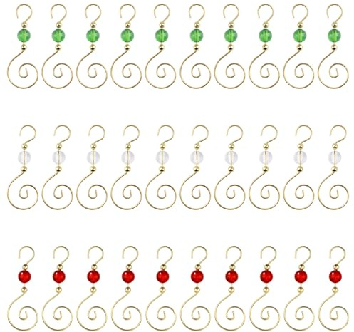 INCREWAY 30 Stück goldene Draht-Ornament-Haken, S-förmige Weihnachtsbaum-Aufhänger-Haken, Metall-Dekorationshaken mit 3-farbigen runden Kristallperlen für Party, Heimdekoration