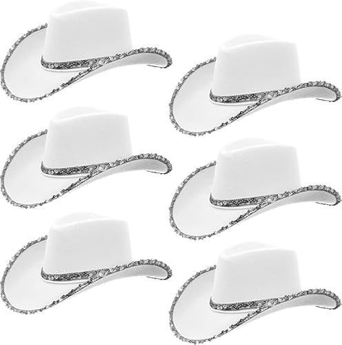MALLOOM Lot de 6 Chapeaux de Cowboy à Paillettes Argentées – Chapeau Western avec Cordon de Serrage pour Femmes et Hommes – Idéal pour Carnaval, EVJF, Déguisement Shérif, Fête à Thème et Festivals