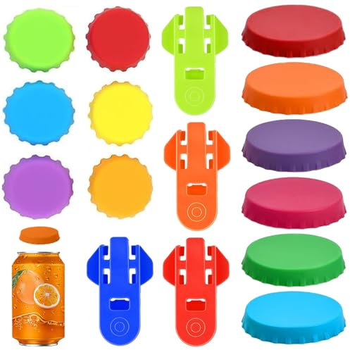 Silikon Gummi Flaschendeckel, 12 Stück Set Getränkedosen Verschluss, Mit 6 Silikon Kronkorken 4 Bierdosenöffner Dosendeckel Wiederverwendbares Deckel für Dosen Bier für Hausbrauen Bier(Bunte)