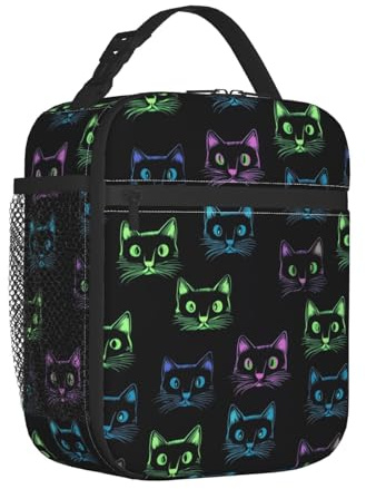 Mexpekil Lonchera térmica con diseño de gatos de neón para mujeres y hombres, lonchera térmica portátil con bolsillo lateral de malla, lonchera para adultos para el trabajo