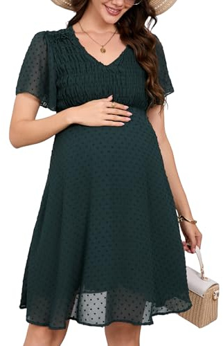 KOJOOIN Damen Umstandskleid Kurzarm V-Ausschnitt Stillkleid Sommer Elegant Swiss Dot Schwangerschaftskleid Schwangere Kleid Dunkelgrün L