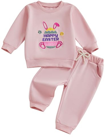 Felcia Toddler Girl Easter Outfits Rabbit Ear Letter Carrot Embroidery Crew Neck Long Sleeve Tops Long Pants 2Pcs Clothes Set (A-Pink, 6-12 Months)