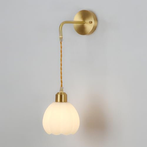 Jadssox Copper Wall Sconce Nordic Wall Light White Tulip Glass Shade Gold Hardwired Sconces Art Deco Hanging Wall Lamp Living Room Wall Mount Lights Bedroom Bedside Wall Lamps