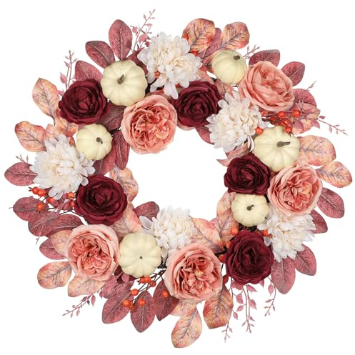 Oairse 26 Inch Fall Wreath for Front Door Artificial Autumn Wreath with Pumpkins, Burgundy and Pink Silk Flowers, Foam Berries Rustic Farmhouse Thanksgiving Door Wreath for Indoor Outdoor Decor