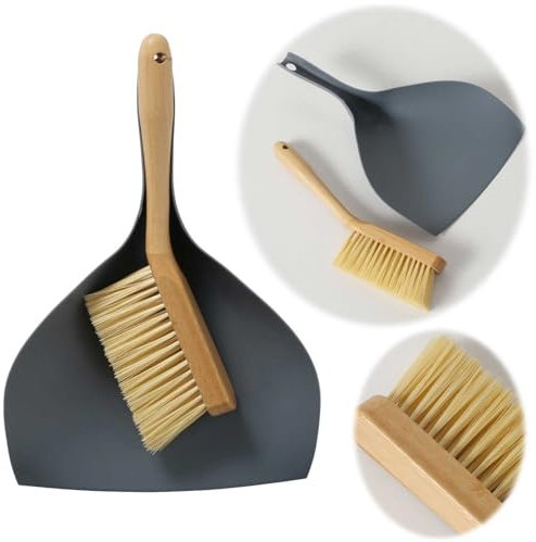 LS-LebenStil Vintage Kehrbesen Kehrschaufel 35x24cm Retro Grau Kehrset Handfeger Kerharnitur Holz Bambus Besen mit langem Stiel Kehrblech aus Kunststoff