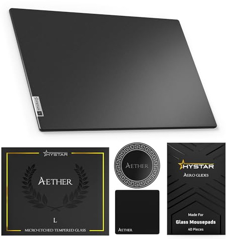 Hystar Aether Glass Gaming Mousepad | Micro-Etched Tempered Glass | Quiet, Ultra-Fast Glide | Full Anti-Slip Silicone Backing (Black, Large)