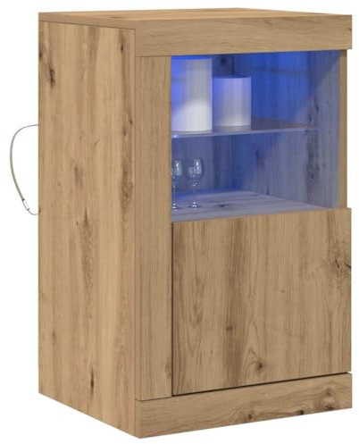 vidaXL LED-sido bord Artisan Ek 41 x 37 x 67 cm Konstruerat trä, Moderna förvaringslösningar, rektangulärt sidobord, snygg matrum organisatör, glas hylla, hållbart konstruerat trä
