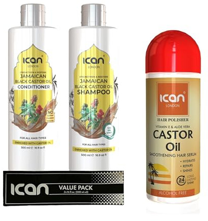 Ican London Jamaican Castor Oil Hair Care Set, Shampoo and Conditioner 500ml Each, Hair Polisher Serum 207ml