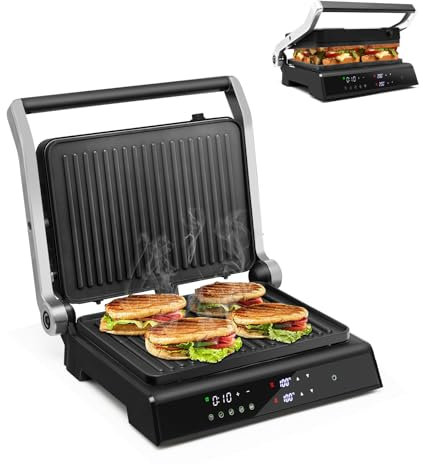 SOARS Appareil Croque Monsieur 3 en 1 1800-2000W, Machine à Panini Électrique avec 5 Modes de Cuisson Auto 200-230℃, Angle d'Ouverture à 180°, Plaque Grill Amovible et Lavable, Minuterie 0-4H, Noir