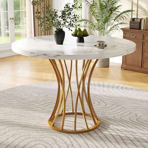 Kebnor Runder Esstisch, Leichter und luxuriöser runder Tisch für 4-6 Personen, geeignet für Esszimmer und Wohnzimmer, MDF marmorierte Tischplatte (80 x 80 x 76 cm) (Golden)