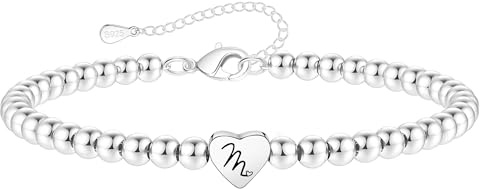 Crownette S925 Silver Bead Bracelet for Women Adjustable Heart Initial Letter Bracelet Birthday Jewellery Gift