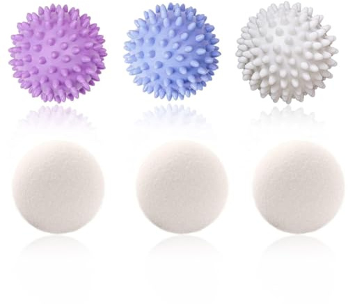 KEWUF 3 Pcs Boule de Lavage pour Machine à Laver et 3 Pcs Balles de séchage en laine, Balle de Lavage, Balles de Séchage pour Doudoune, pour Sèche-linge, Réutilisable, pour le Nettoyage des Vêtements