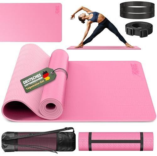 RE:SPORT Tappetino da yoga senza ftalati | Tappetino da ginnastica antiscivolo | Tappetino fitness privo di sostanze nocive | Tappetino da allenamento con tracolla senza ftalati 183 x 61 x 0,6 cm