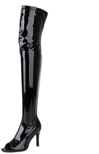 Ceciloroda Women's Overknee Boots Peep Toe Stiletto Heels Stretch Thigh High Boots Patent Pole Stripper Dance Heels Botas de Mujer Black Size 41