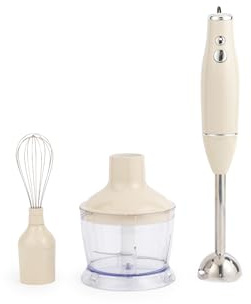 Salter Retro Hand Blender Set 600W 3 In 1 With 500ml Chopper | 2 Speed Control, Stainless Steel Blades And Whisk, Detachable Parts, Cream Finish, For Soups, Sauces, Dips, Veg Prep