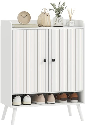 HOMCOM Zapatero de 2 Puertas en Lamas, Zapatero Entrada Recibidor con Estantes Ajustables, Compartimento Abierto, para 15 Pares de Zapatos, 75x35x97 cm, Blanco
